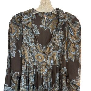 Free People Paisley V Neck Blue Mini Dress Womens S Boho Babydoll Long Sleeve‎